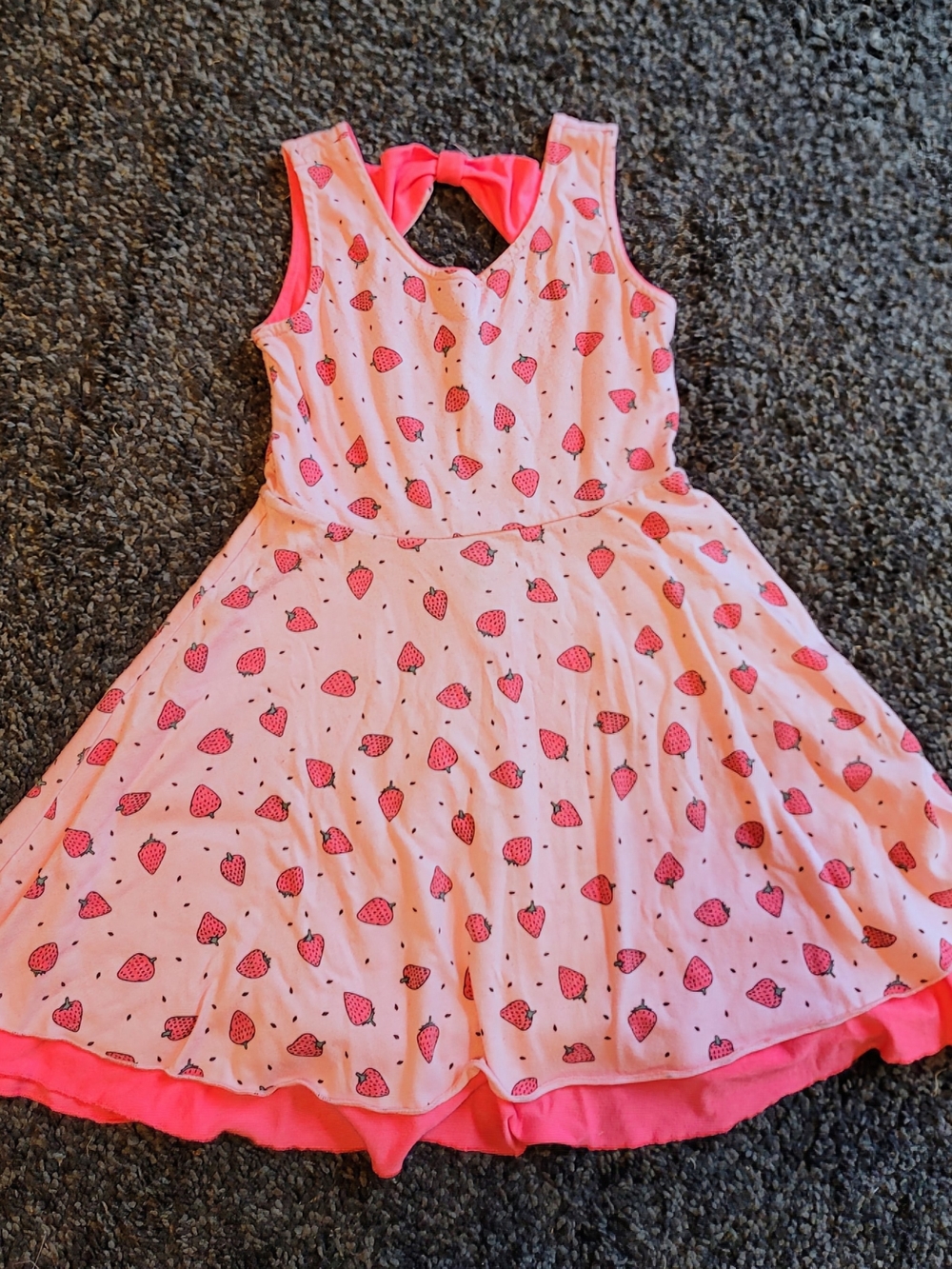 Girls Pink Strawberry Print Sleeveless Dress with Bow